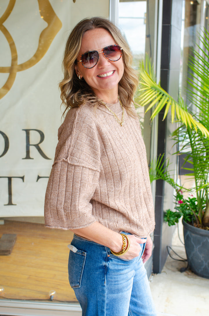 Perfect Fall Short Sleeve Textured Sweater Top in Mocha