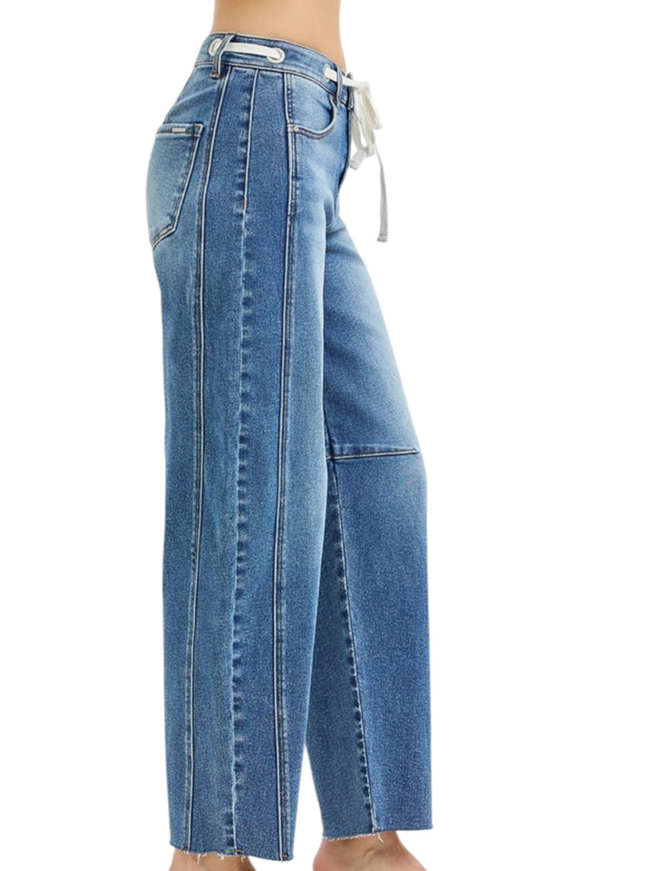 Risen Slouchy Ankle Barrel Jeans Drawstring Details in Medium Wash