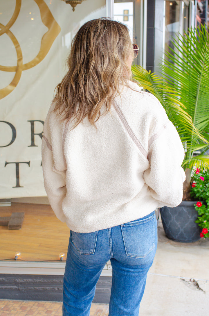 Fall Feels Sherpa Pull Over Long Sleeve 3/4 Zip in Cream
