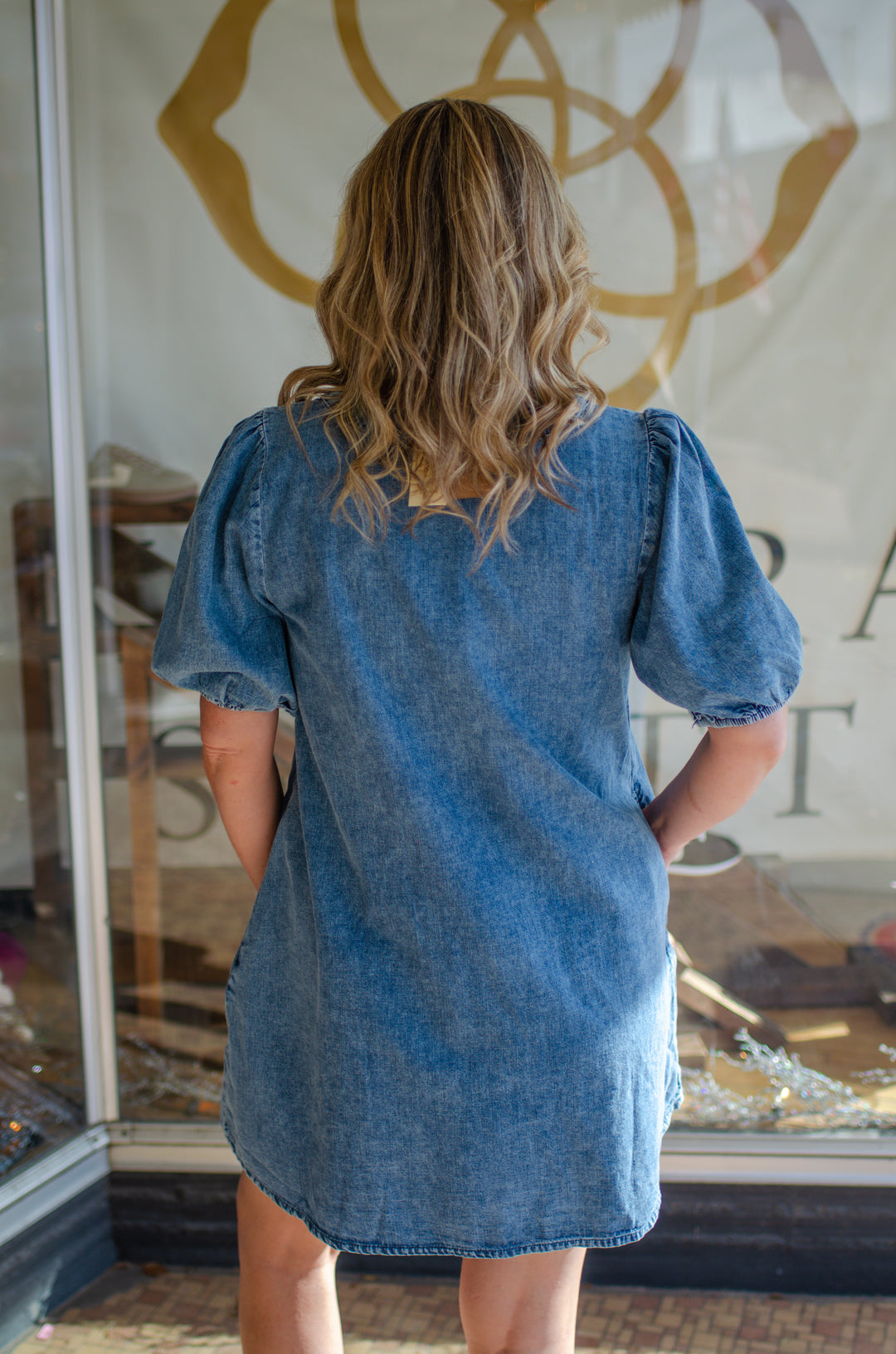 Spin Me Around Ruched Front Swing Denim Dress