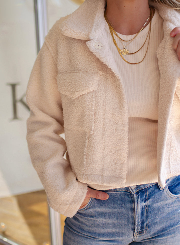 Your Like Home Shearling Cropped Button Front Jacket with Pockets in Cream