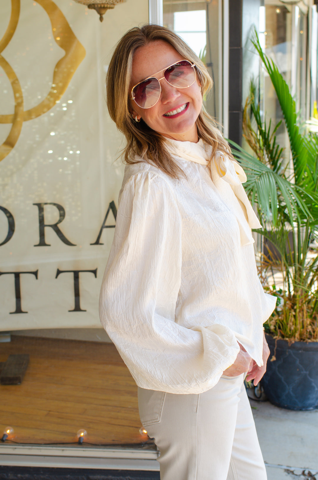 True Heart Bow Neckline Textured Satin Long Sleeve Blouse in Ivory