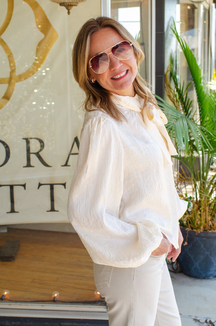 True Heart Bow Neckline Textured Satin Long Sleeve Blouse in Ivory