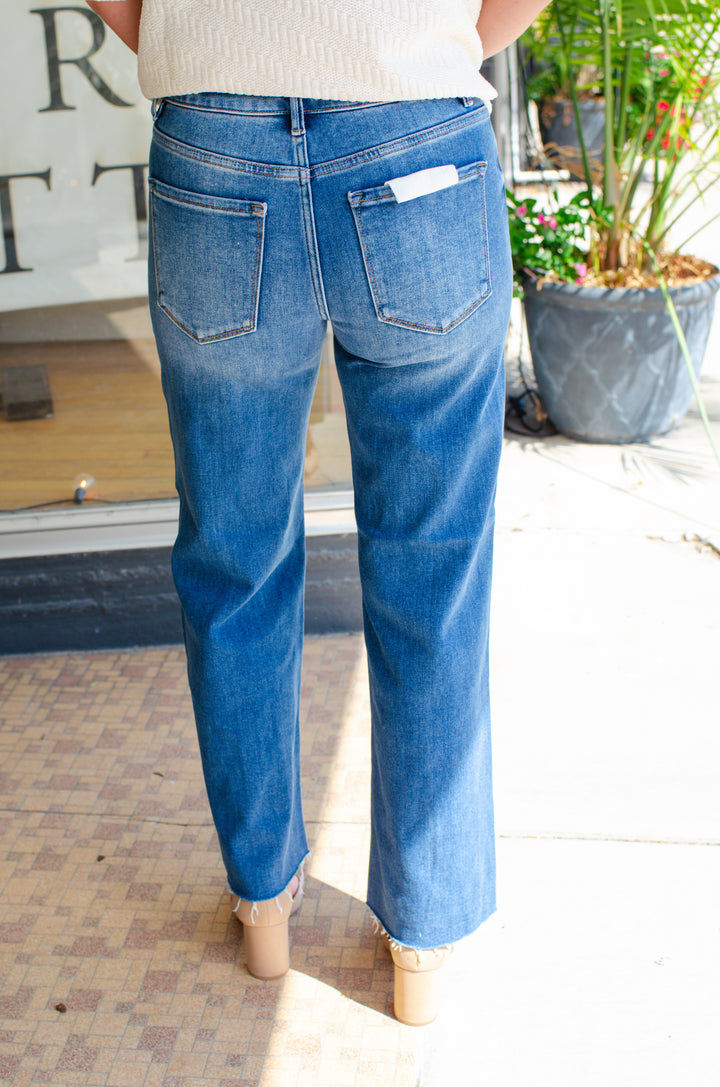 Risen Mid Crop Straight Clean Cut Hem Jeans in Medium Wash