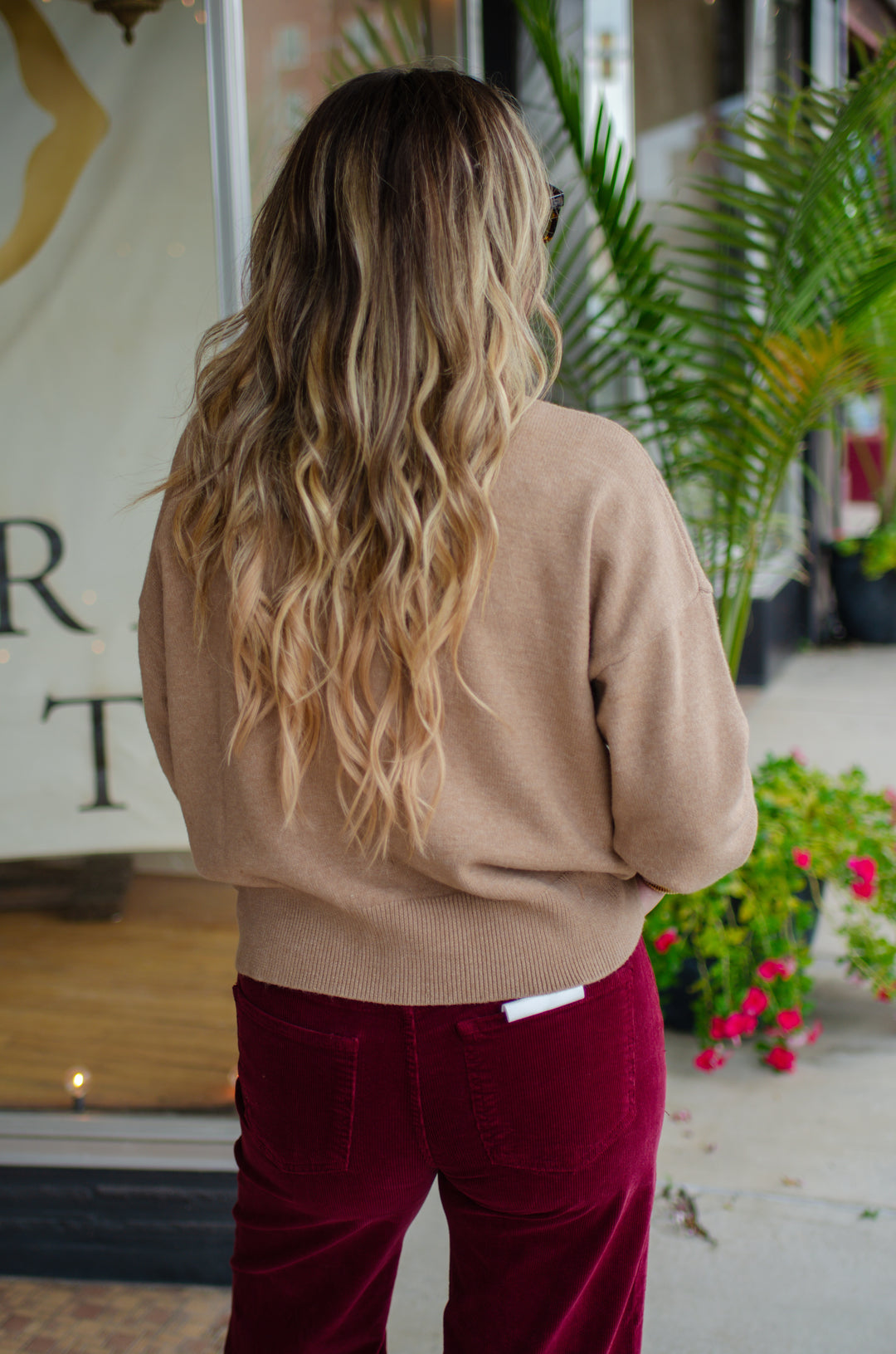 Winter Wish Front Seam Mock Neck Long Sleeve Knit Sweater in Camel