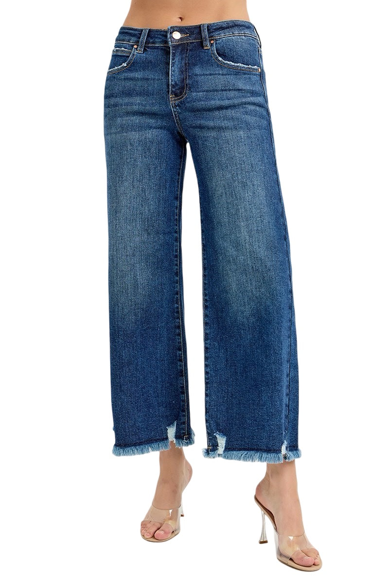 Risen Wide Leg Raw Edge Hem Jeans in a Dark Wash