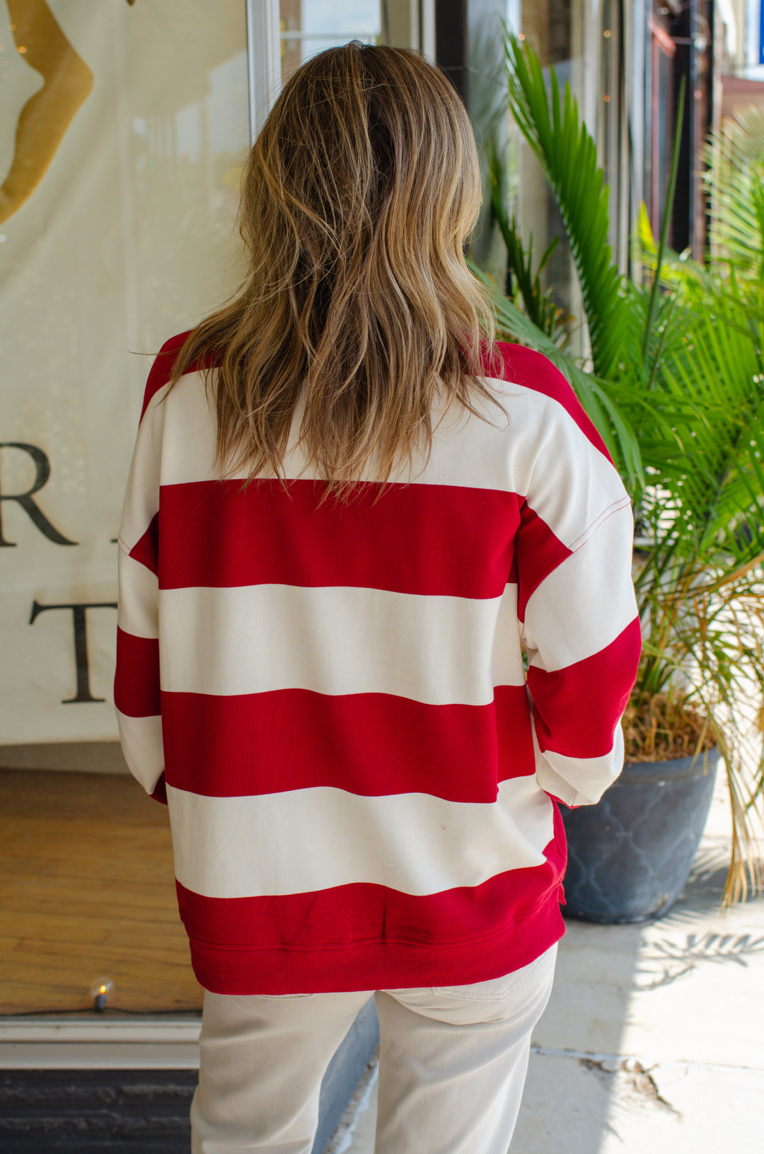 Be Bold Red & Cream Stripe Oversized Crewneck Long Sleeve Top