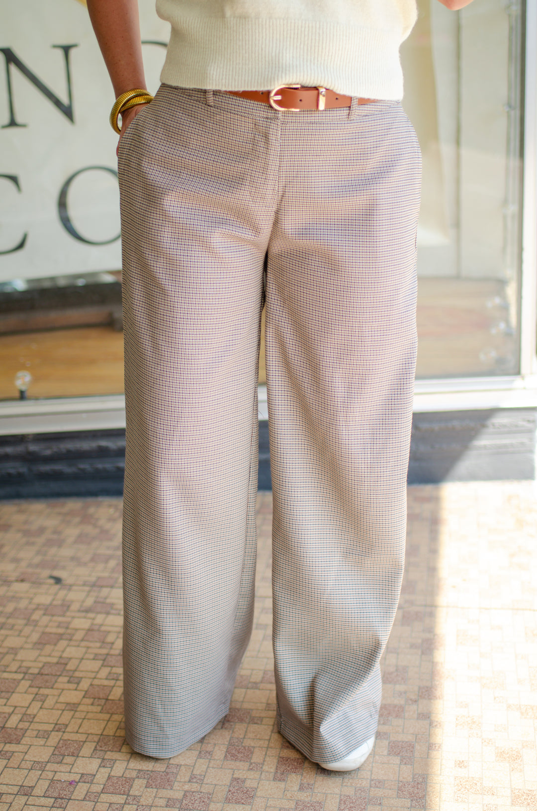 Conquer The Day Houndstooth Camel & Cream Double Button Pants