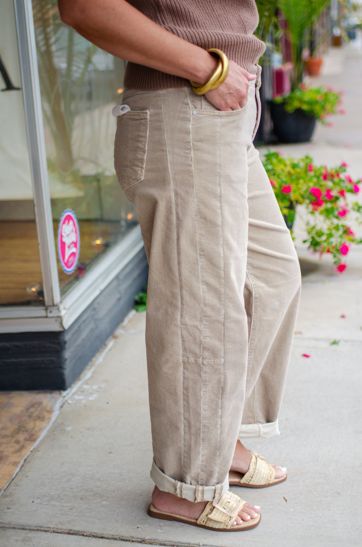 Risen High Rise Crop Barrel Corduroy Pants in Tan