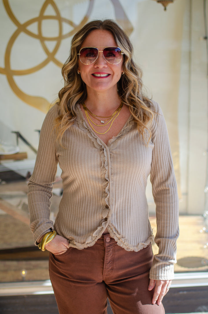 Our Love Button Down Lace Trim Knit Top in Taupe