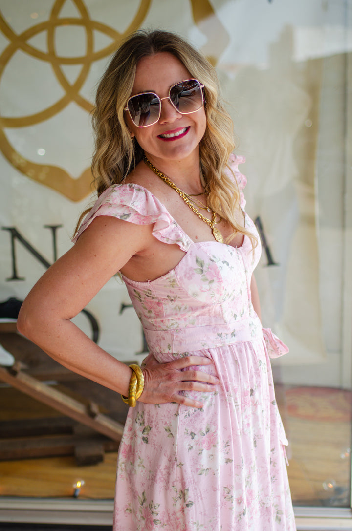 Luxembourg Gardens Pink Floral Corset Top Midi Dress