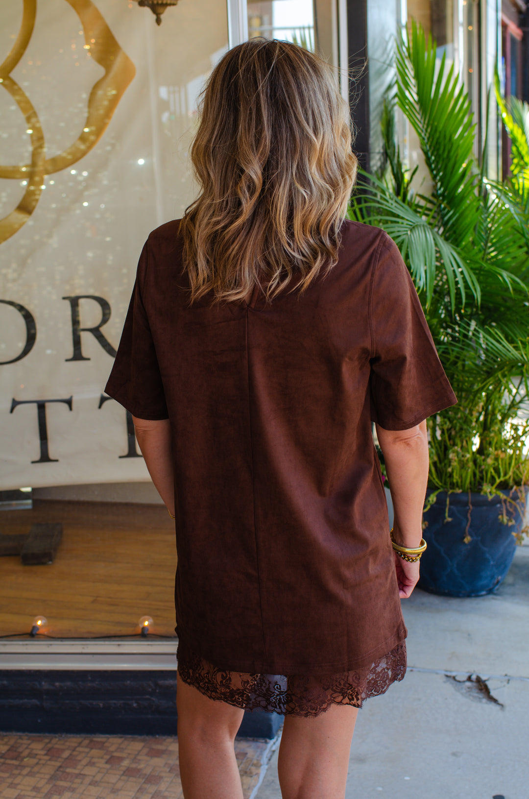 Spin Me Around Chocolate Faux Suede Lace Hem Dress