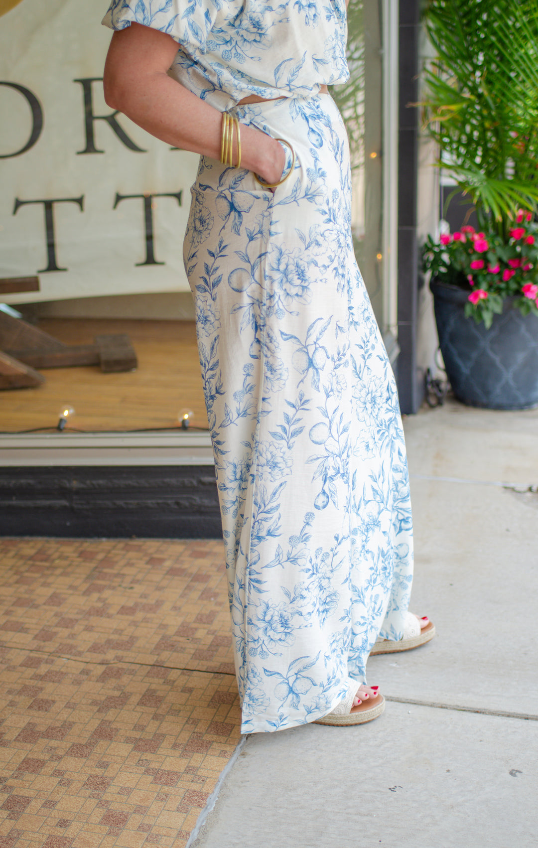 Capri Sunset Blue Toile Floral High Rise Wide Leg Pant