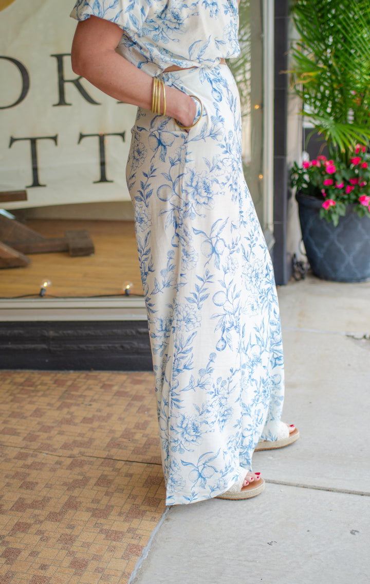 Capri Sunset Blue Toile Floral High Rise Wide Leg Pant