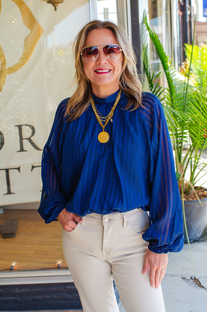 Lasting Love Metallic Stripe Bubble Hem Tie Back Blouse in Cobalt Blue