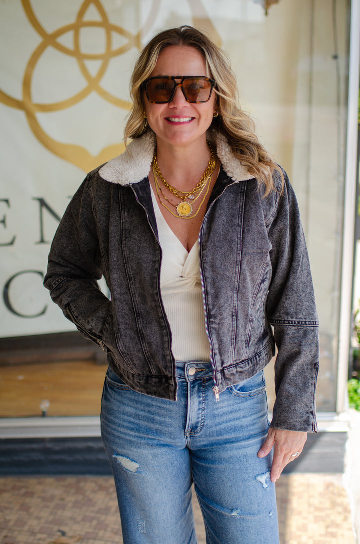 Take My Hand Medium Wash Shearing Denim Jacket in Black Denim