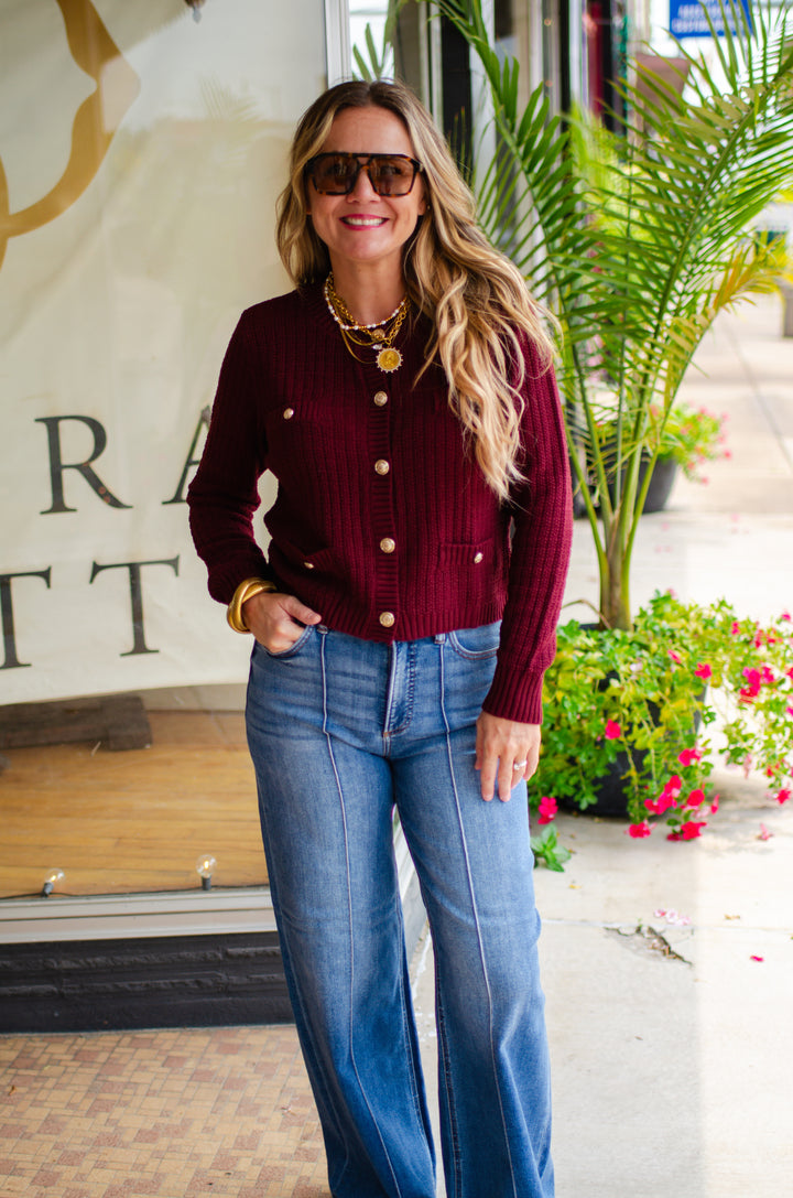 Stylish Moments Gold Button Detailed Sweater Top in Burgundy