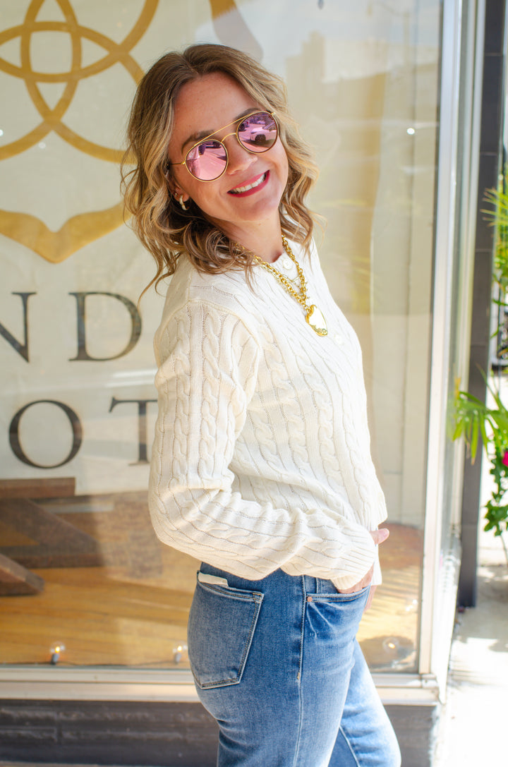 Classic Cable Knit Button Down Cardigan in Cream
