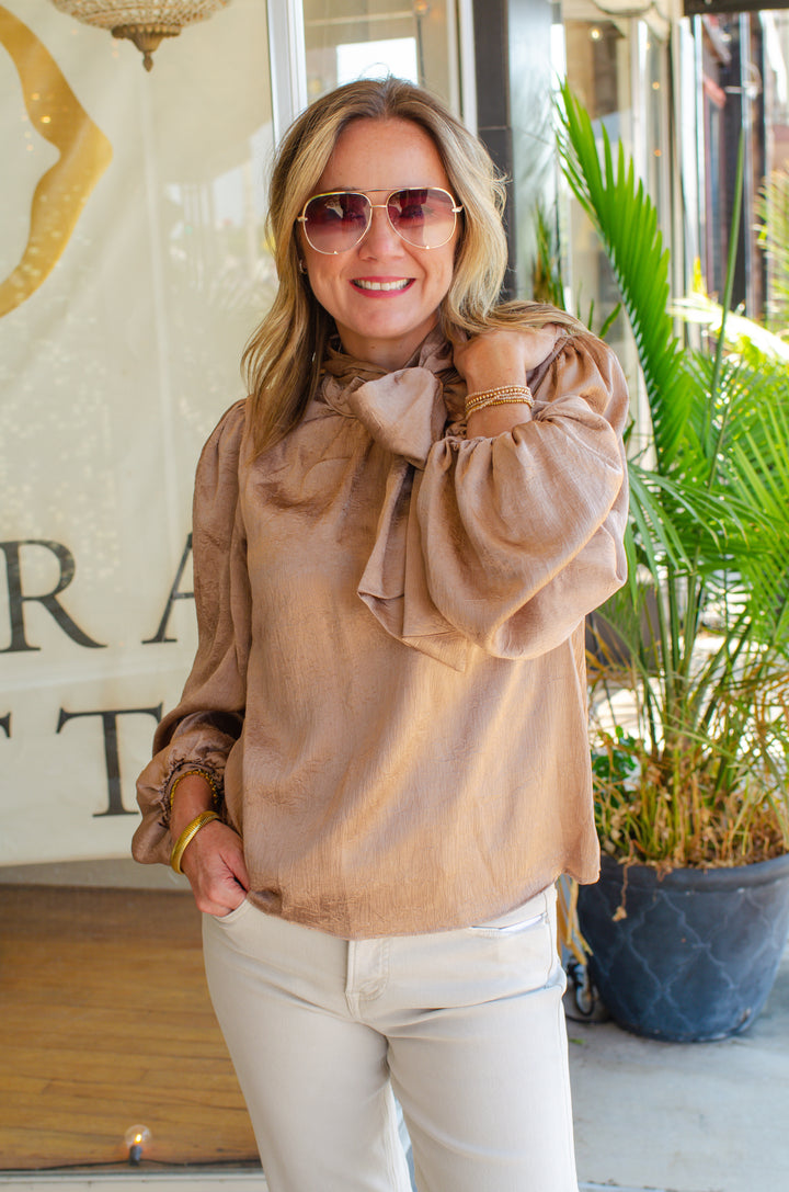 True Heart Bow Neckline Textured Satin Long Sleeve Blouse in Mocha