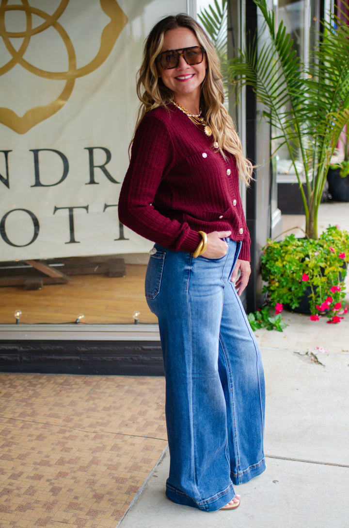 Stylish Moments Gold Button Detailed Sweater Top in Burgundy