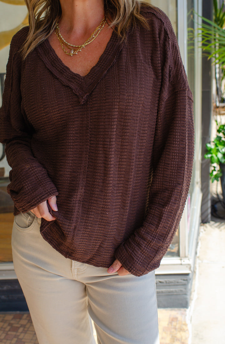 Our Time Textured V-Neck Long Sleeve Top in Chocolate