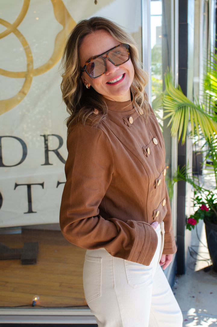Best of My Love Military Style Denim Jacket Top in Chocolate Brown
