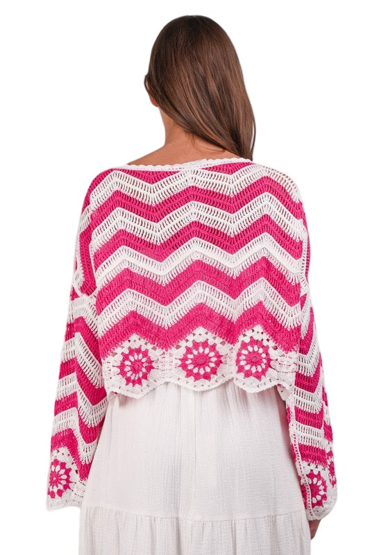 Pink Boho Crochet Knit Long Sleeve Top in Hot Pink