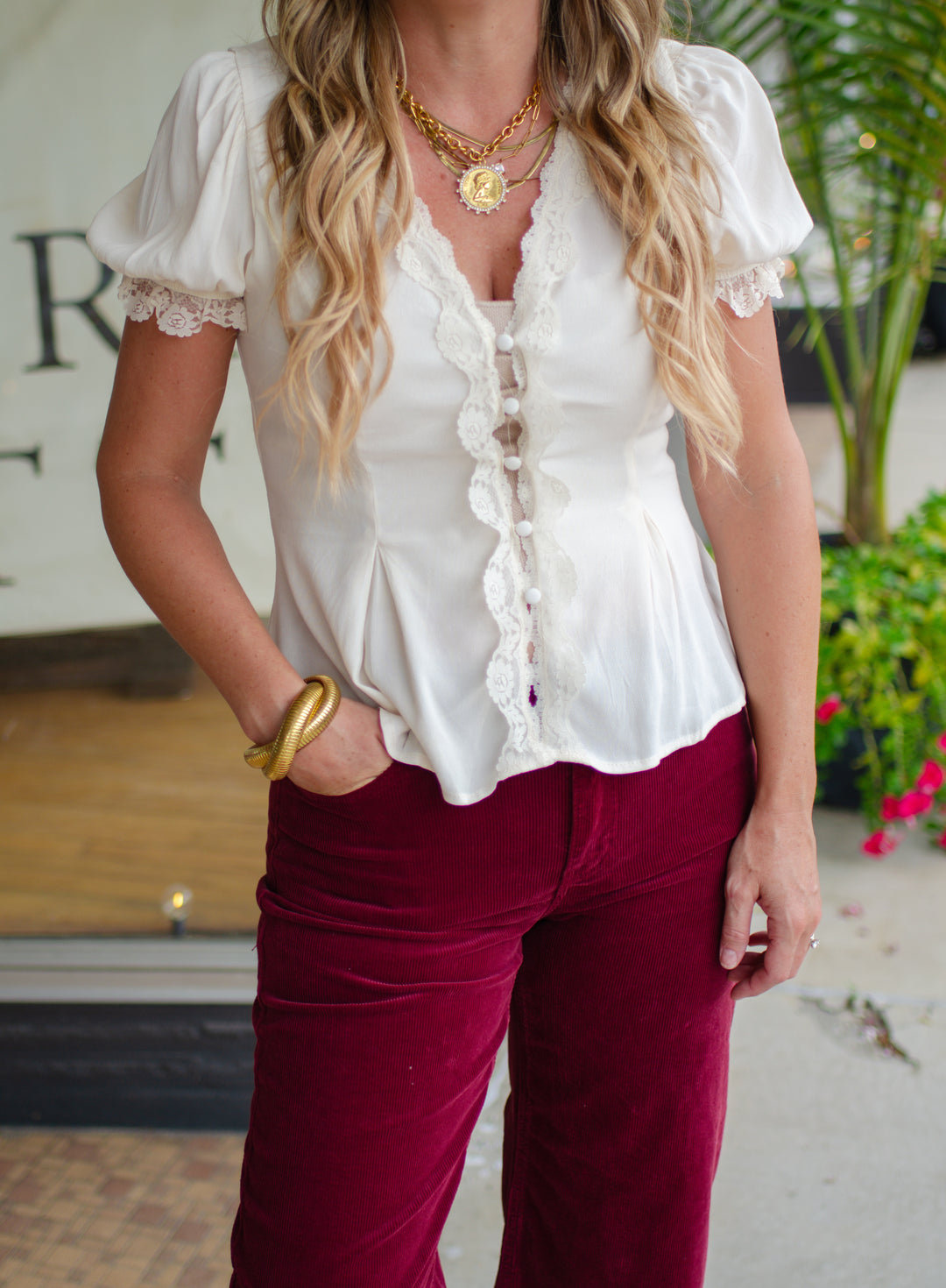 Romantic Nights Lace Trim Button Down Puff Sleeve Blouse in Cream