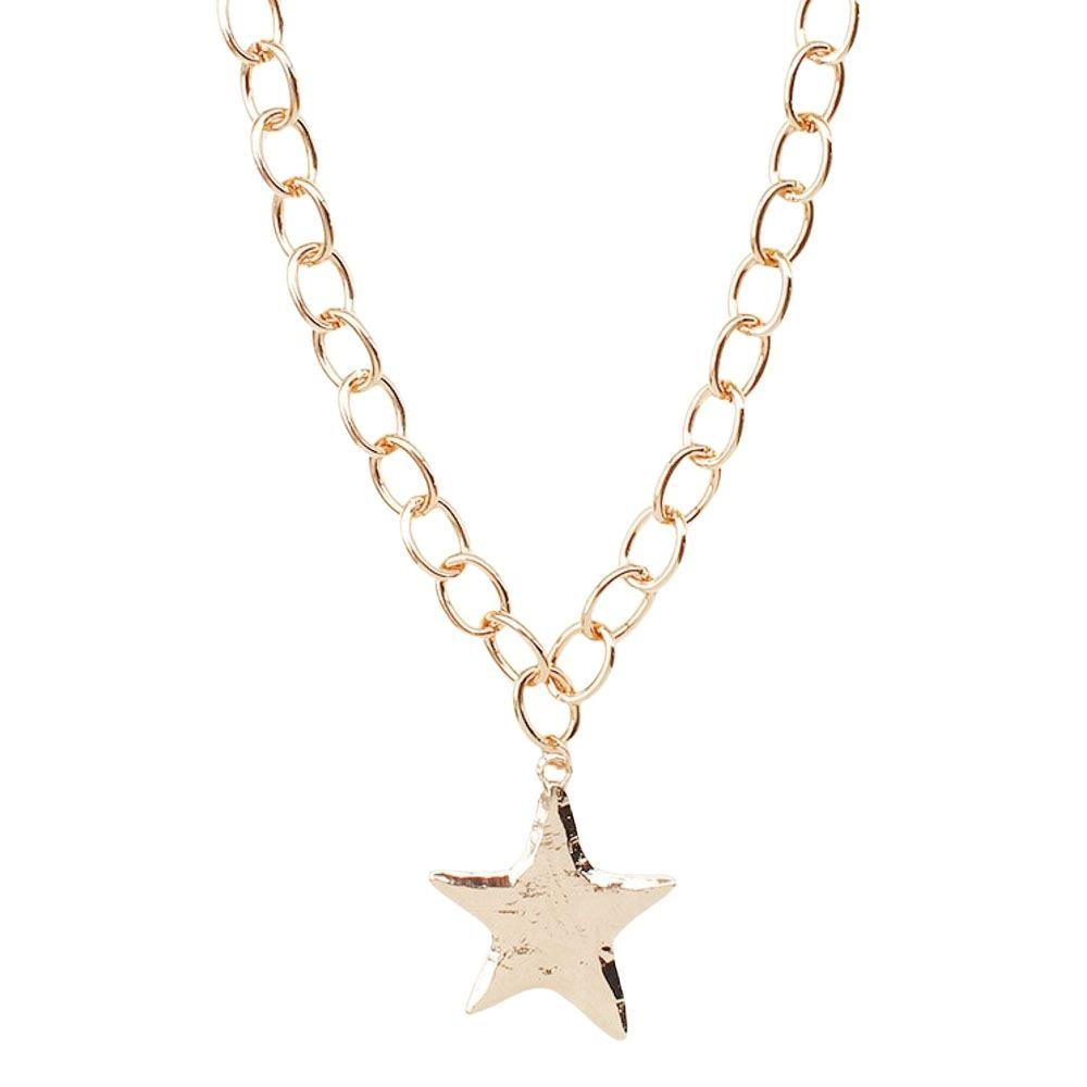 Gold Metal Circle Link Star Pendant Necklace