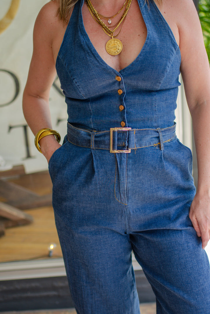 Wanna Be Loved Denim Halter Belted Jumper