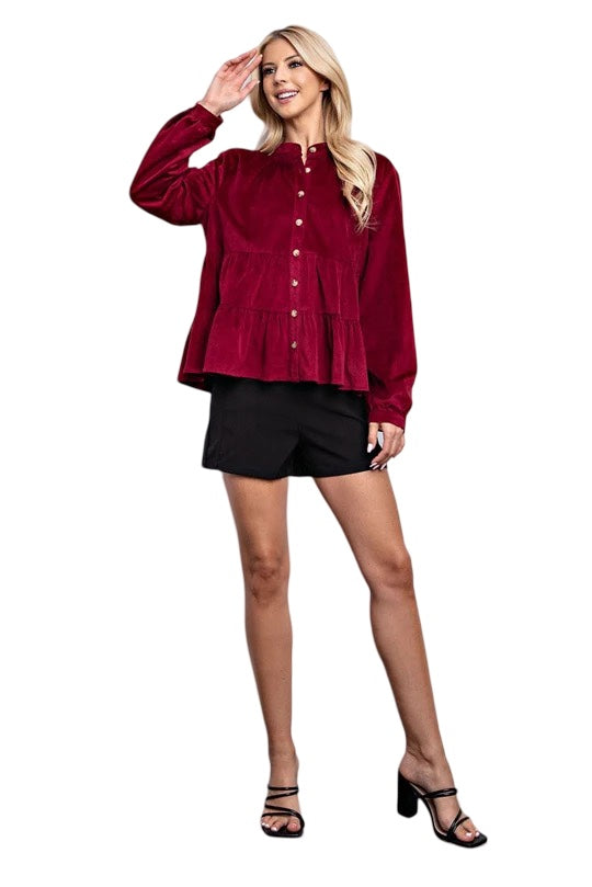 Dreaming of You Corduroy Tiered Button Down Long Sleeve Top in Wine