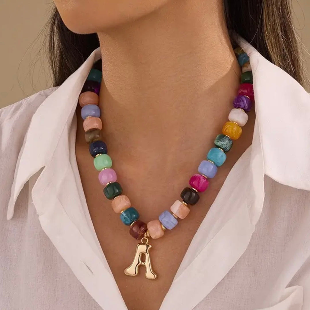 Multi Color Chunky Beaded Initial Charm Necklace