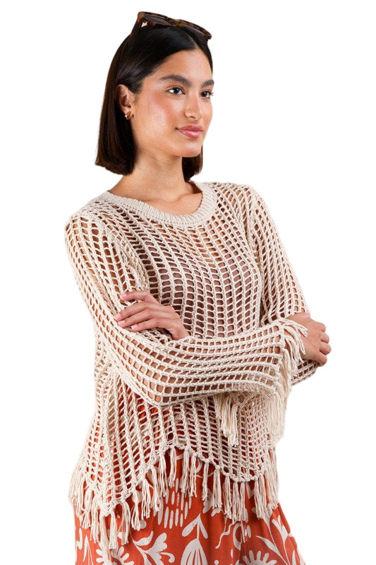 Feeling The Fringe Crochet Knit Long Sleeve Top in Natural