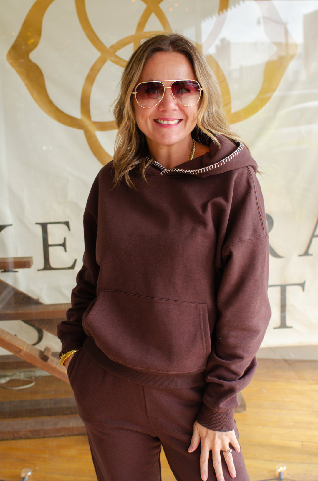 Autumn Comfort Stitch Neckline Pullover in Brown