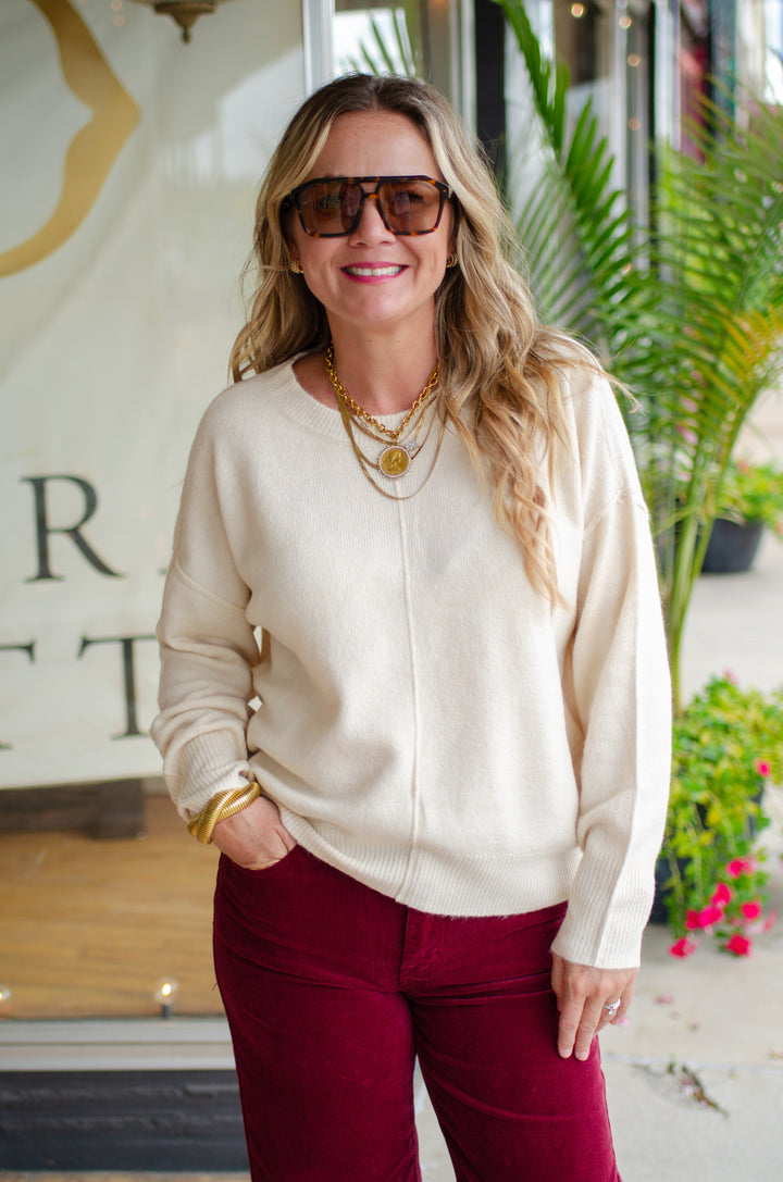 Take Me Back Cream Knit Crewneck Front Seam Sweater