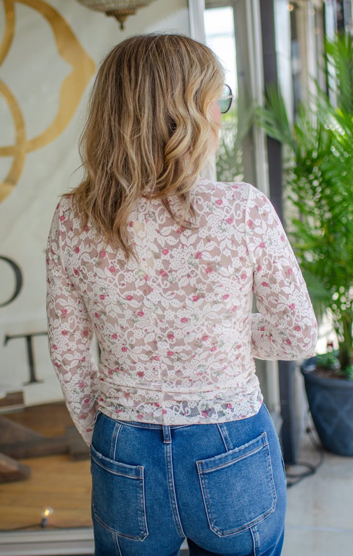 Heart Like Mine Pink Floral Fitted Long Sleeve Lace Top