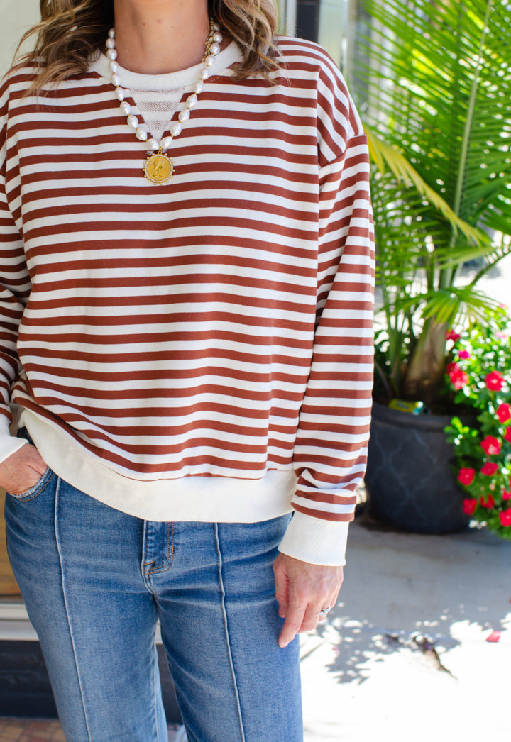Cozy Casual Stripe Sweatshirt in Cream & Brown