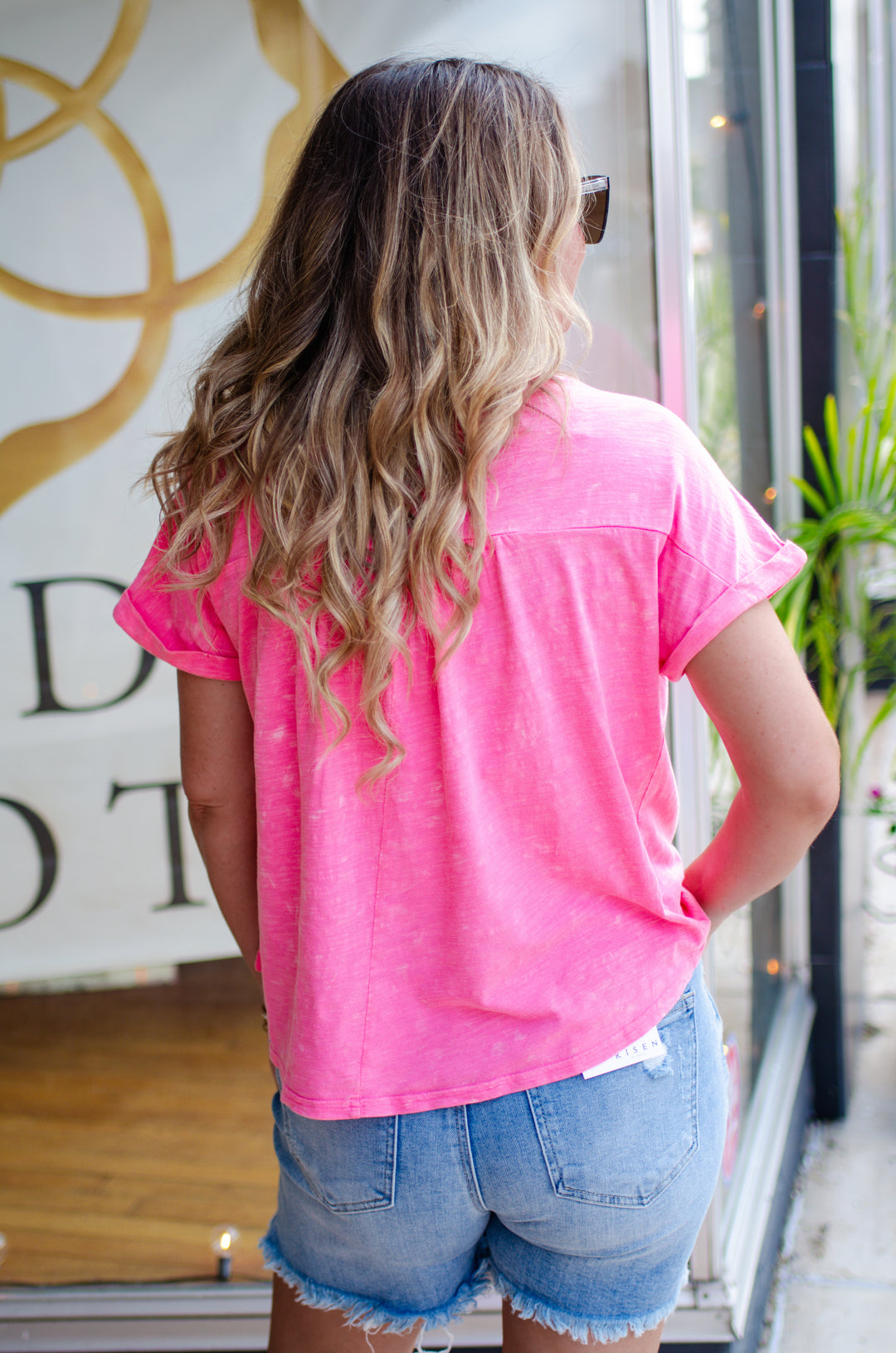 On My Mind Split Neck Washed Knit Top in Pink