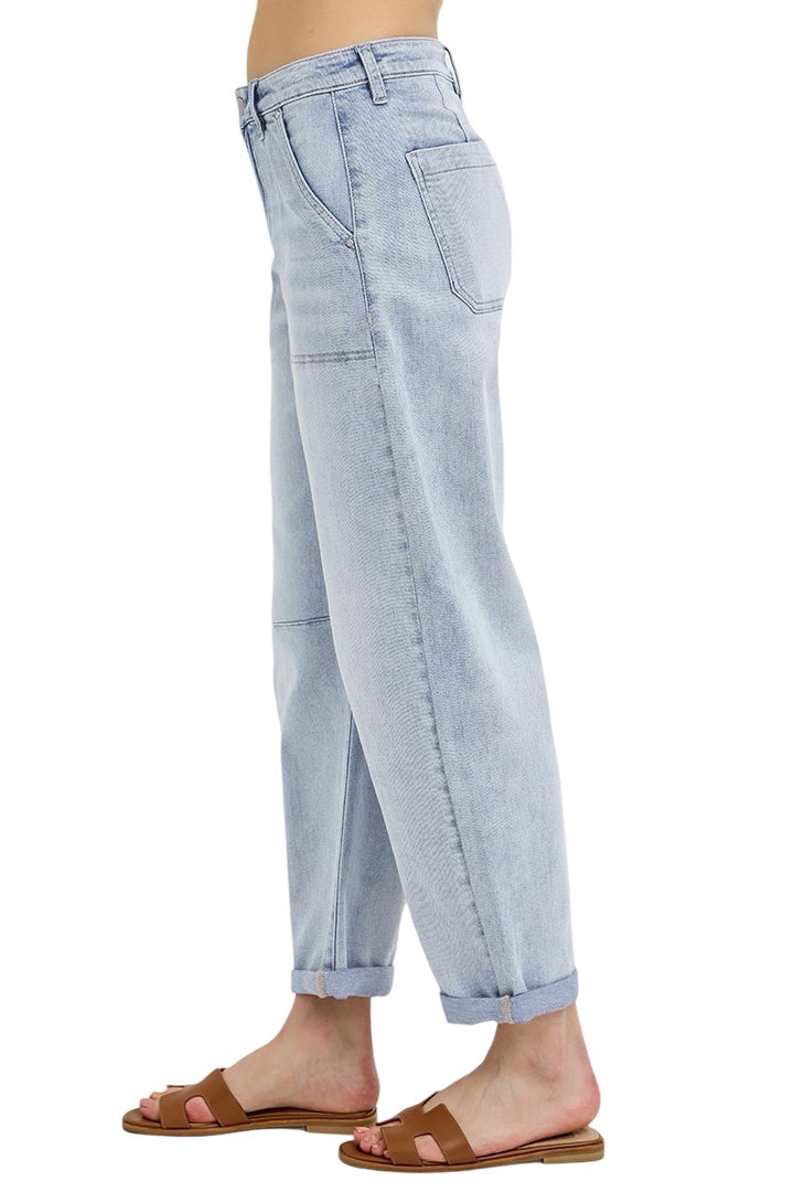 Risen Mid Rise Barrel Relaxed Patch Pocket Jeans in Light Wash