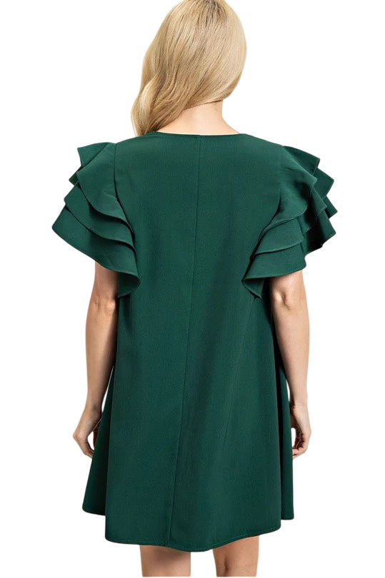 In Your Love V-Neck Ruffled Sleeve Shift Dress in Hunter Green