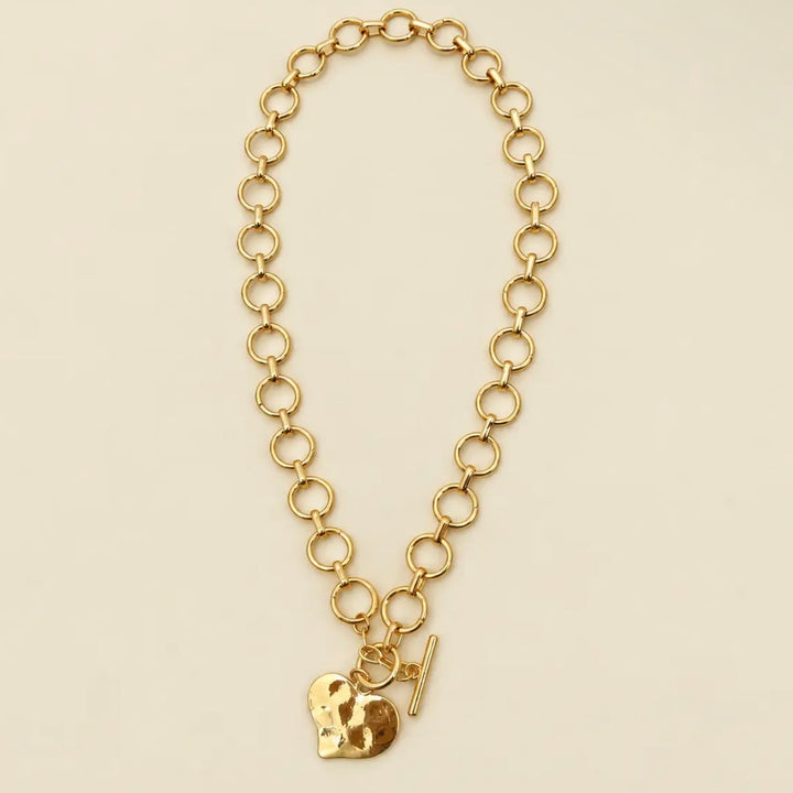 Gold Hammered Heart Charm Toggle Necklace