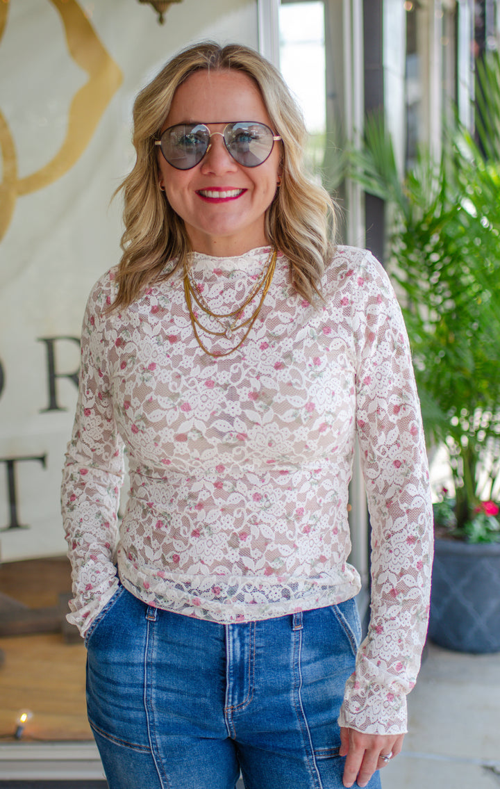 Heart Like Mine Pink Floral Fitted Long Sleeve Lace Top