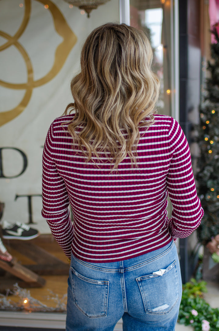 Take Heart Fitted Stripe Collared Long Sleeve in Wine & Ivory