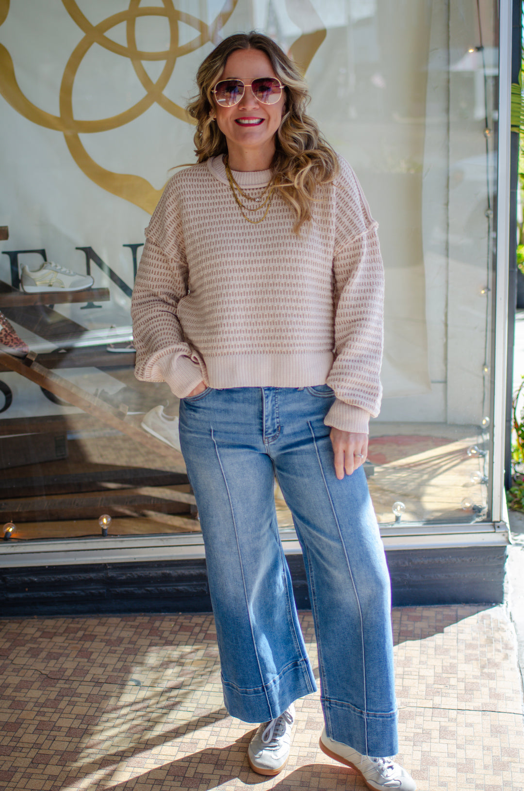 Risen Tummy Control Mid Rise Pin Tuck Crop Wide Leg Pants in Medium Wash