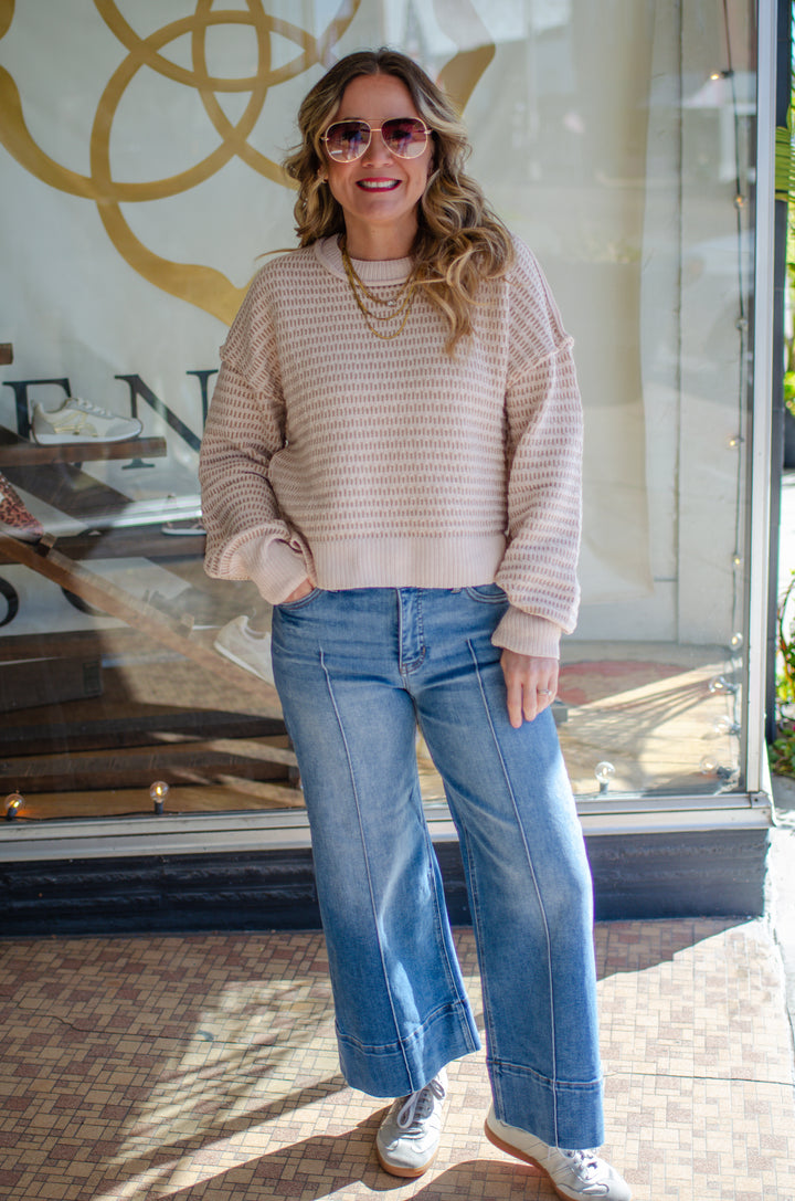 Risen Tummy Control Mid Rise Pin Tuck Crop Wide Leg Pants in Medium Wash