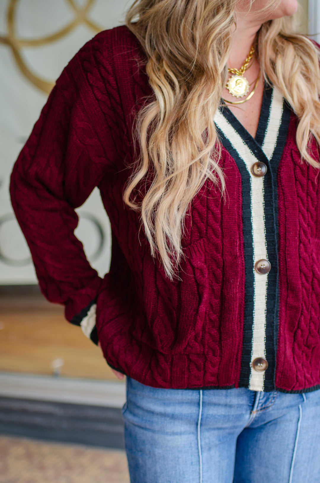 Burgundy Knit Varsity Button Down Sweater