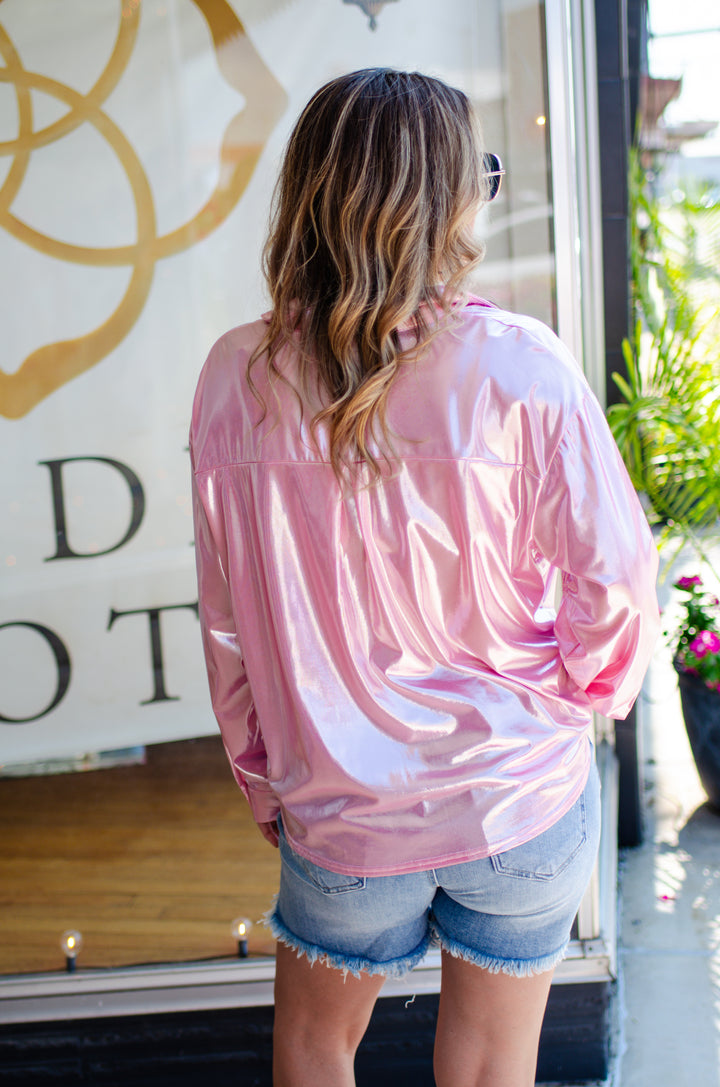 Glam Moment Metallic Button Down Top in Pink