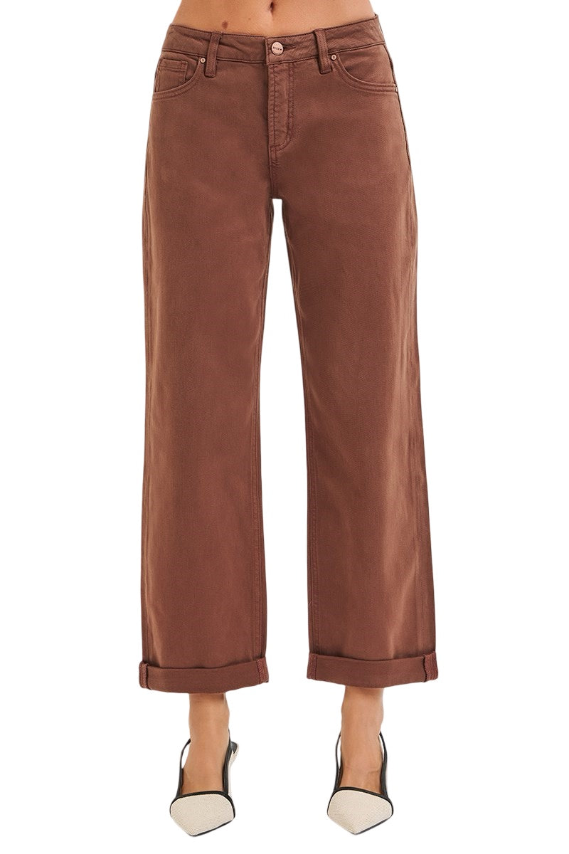 Risen Tummy Control Mid Rise Ankle Barrel Relaxed Baggy Jeans in Chocolate