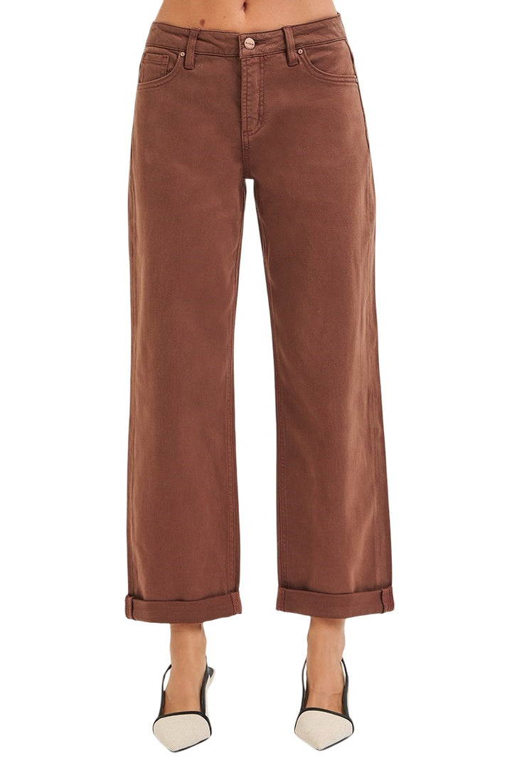 Risen Tummy Control Mid Rise Ankle Barrel Relaxed Baggy Jeans in Chocolate