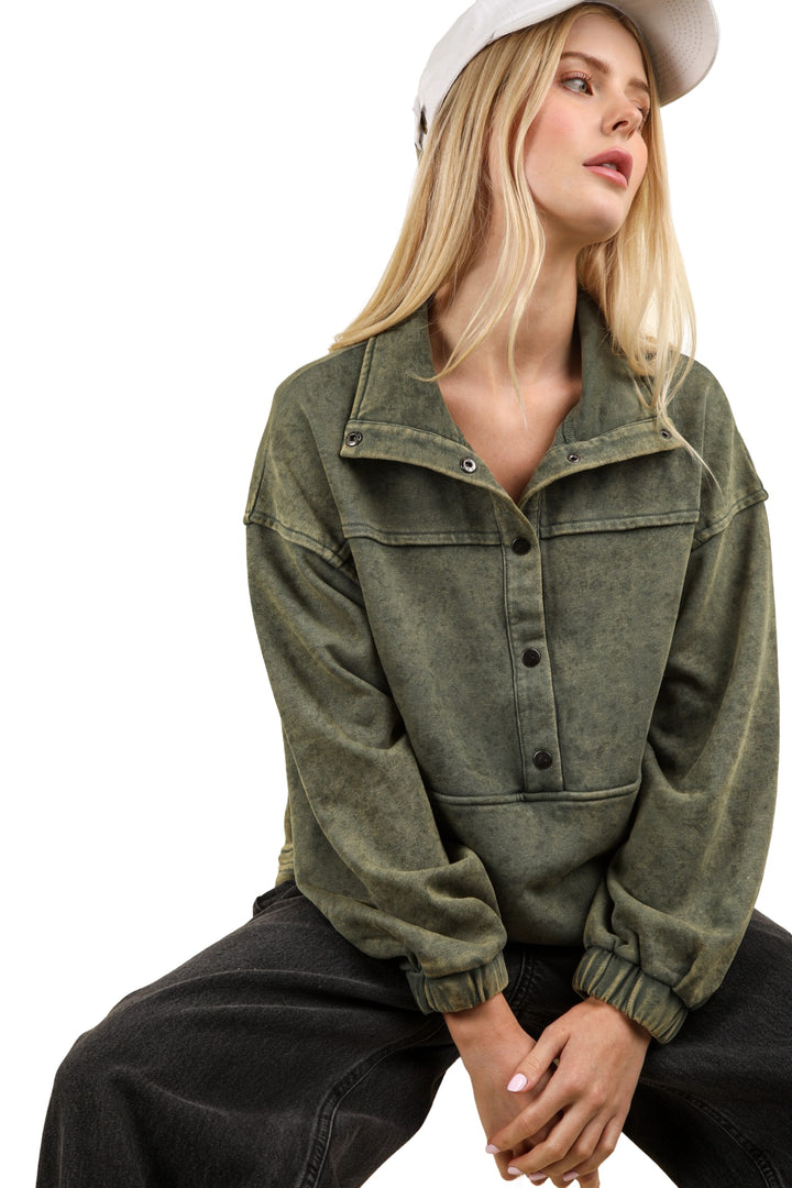 Take It Easy Mineral Washed Button Down Henley Sweatshirt Top in Olive